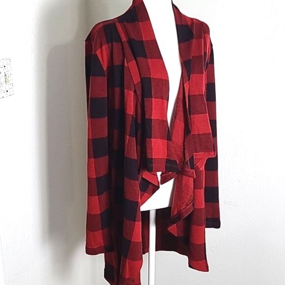 The Limited Long Jacket with Waterfall Collar, Red/Black Check Squares, Sz Large - Picture 7 of 9